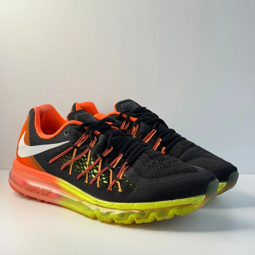Nike Air Max 2015 Mens 12 Black Orange Volt Cushion Running Shoes Flywire Gym